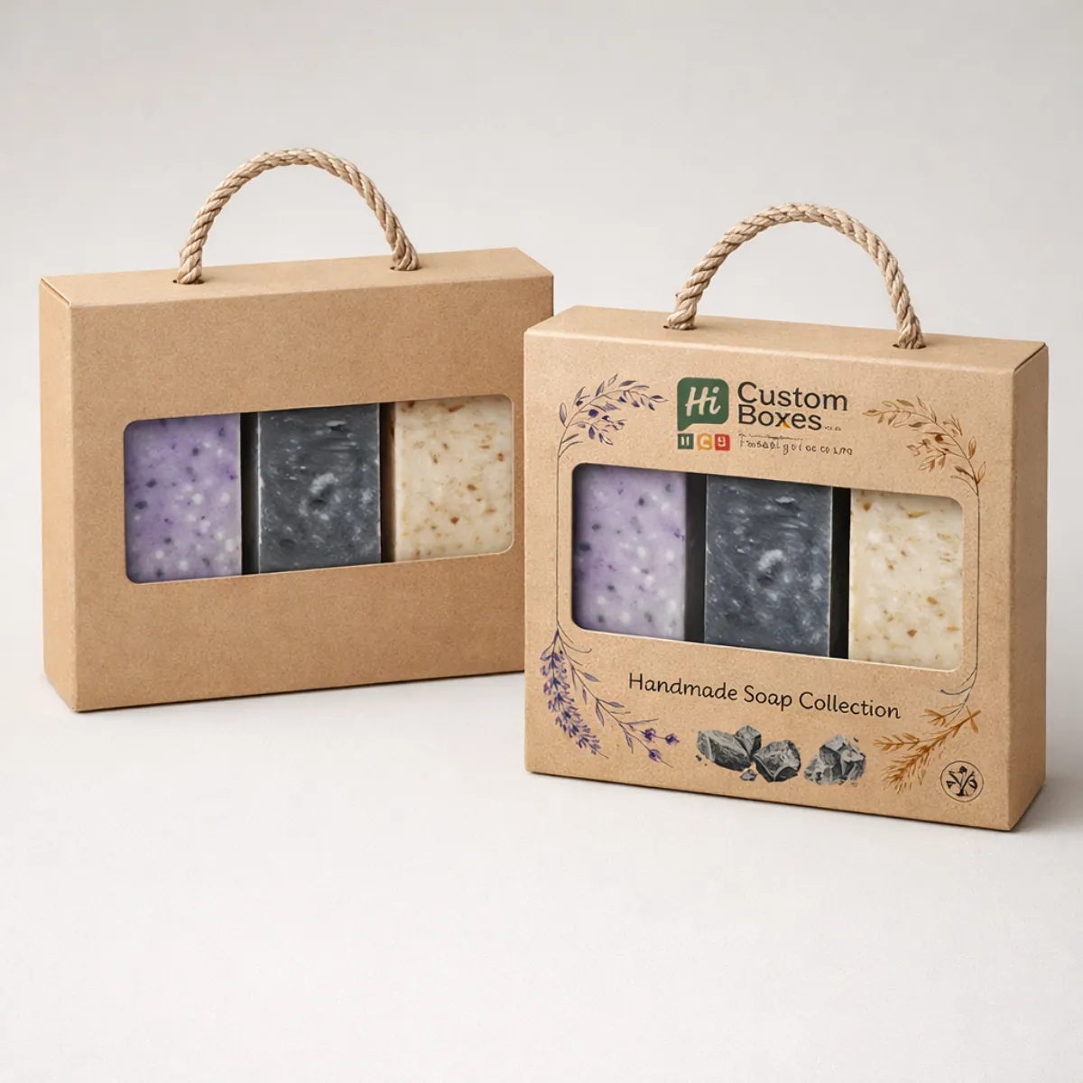 Two large kraft paper gift boxes with rope handles and a rectangular window displaying three different soap bars. class=